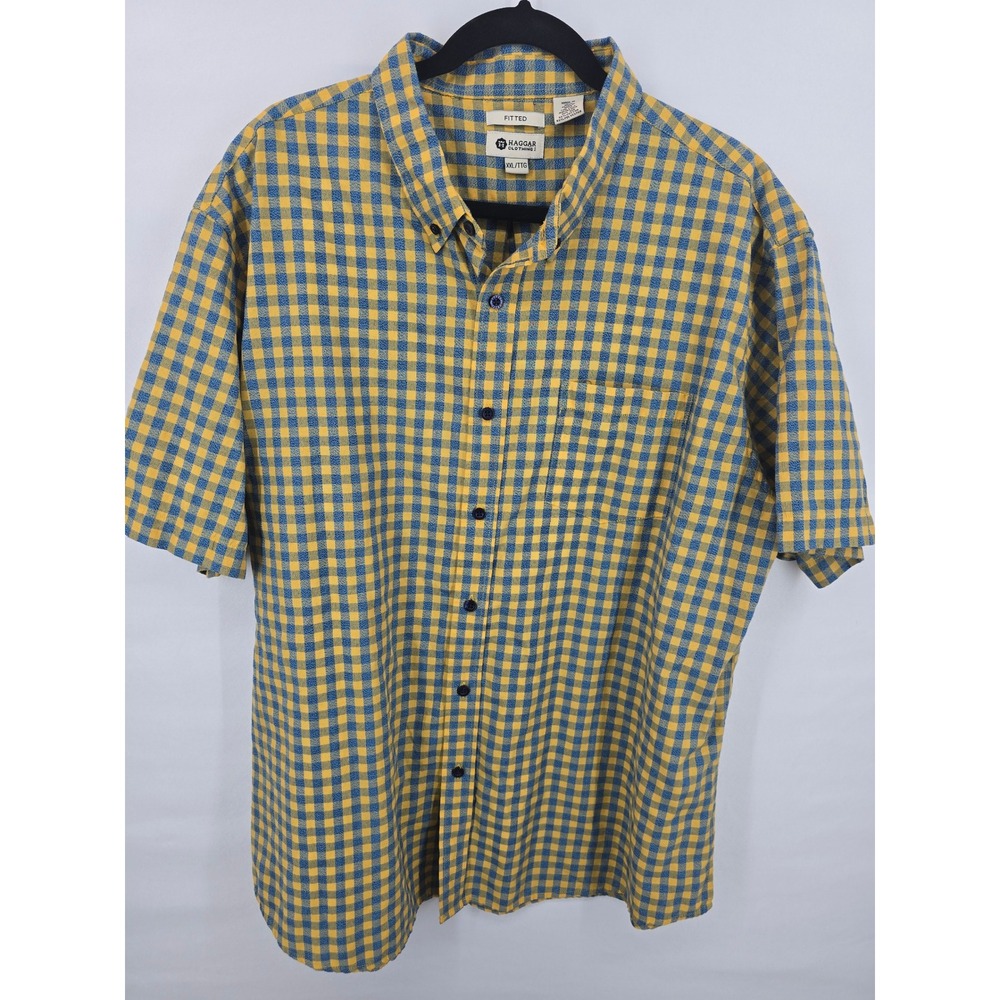 Haggar Mens XXL Fitted Short Sleeve Button Down Shirt Yellow‎ Blue Gingham Check